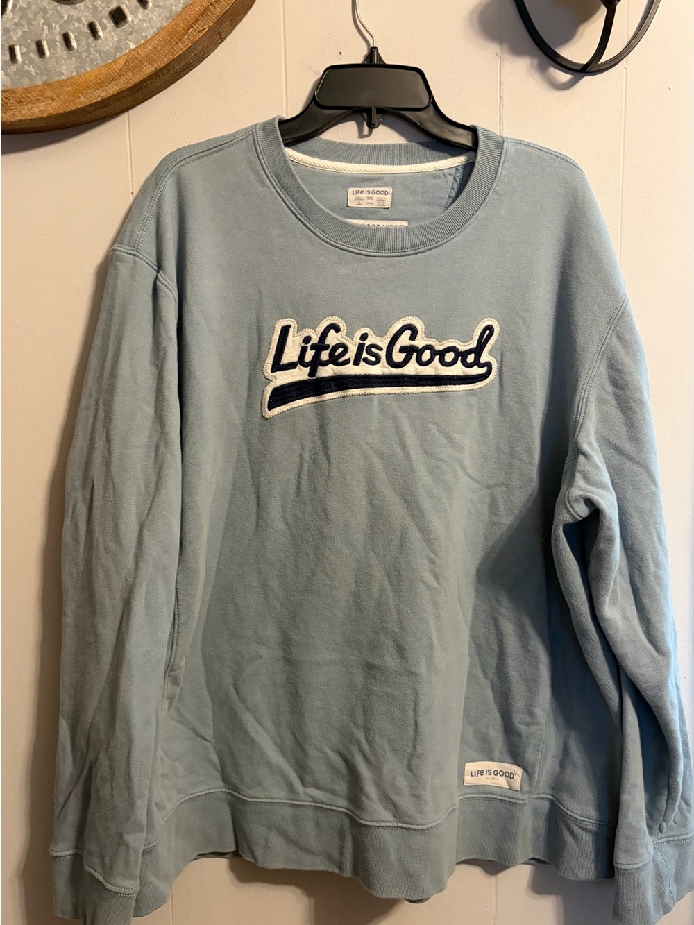 Life Is Good Crewneck Sweatshirt in Pale Blue with Embroidered Logo